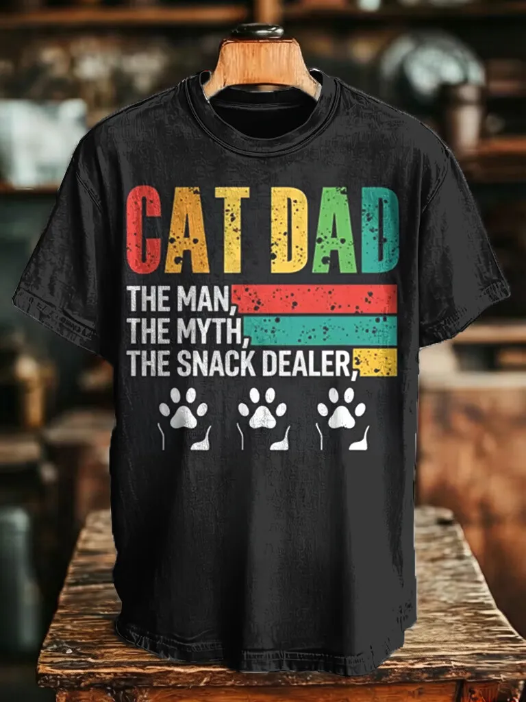 Men's Cat Dad Retro Distressed Color Block Cat Paw Print Cotton Casual T-Shirt