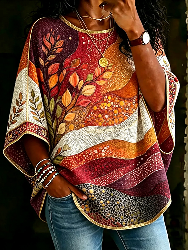 Women's Botanical Abstraction Geometric Art Print Vacation Long Sleeve T-Shirt