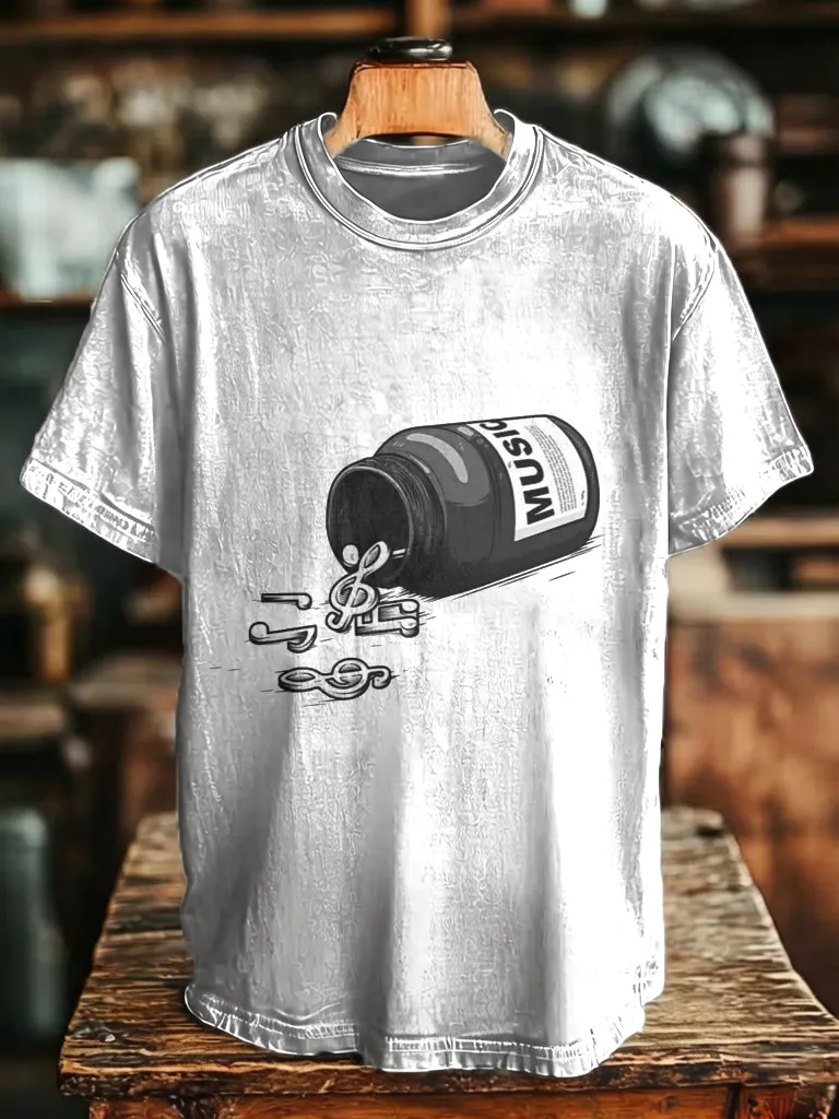Men's Music Pill Bottle Spilling Musical Notes Funny Print Cotton Casual T-Shirt