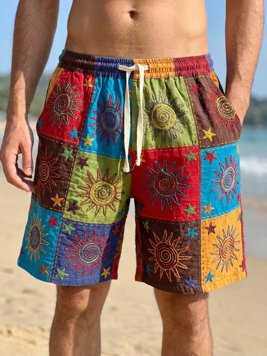 Men's Boho Hippie Color Blocks Sun Star Patchwork Print Casual Shorts