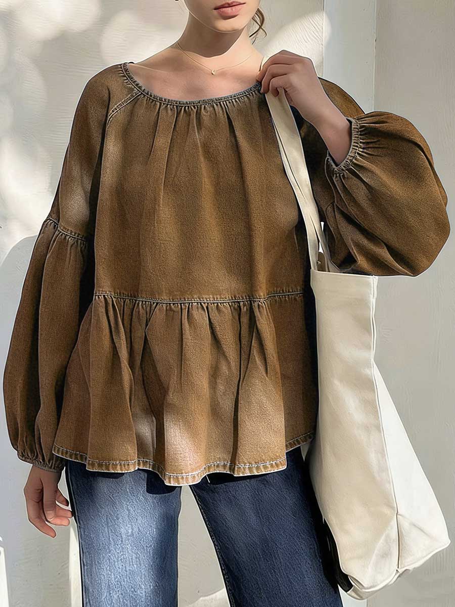 Women's Round Neck Long-sleeved Loose-fitting Casual Denim Top.