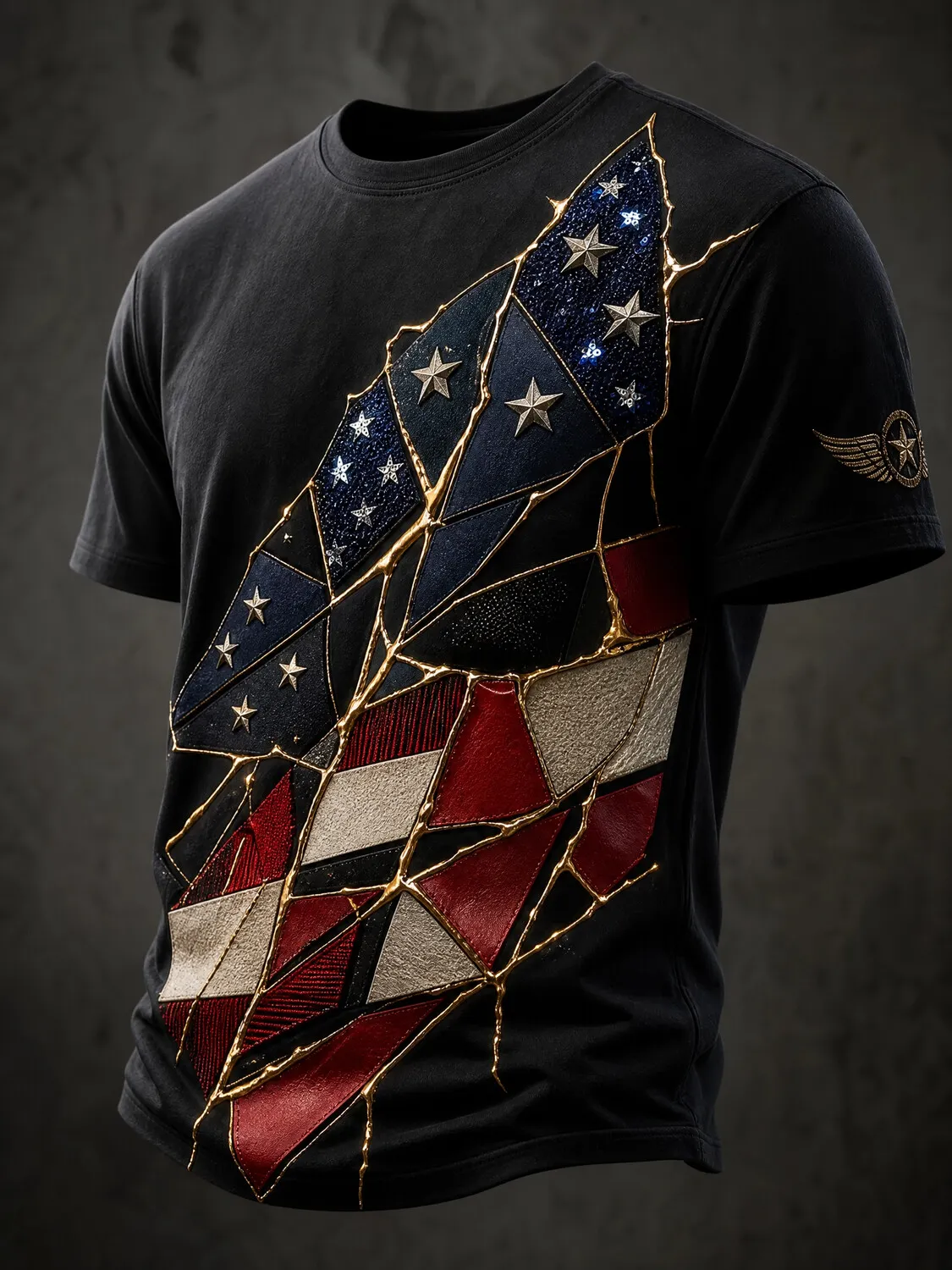 Men's Cracked Gold Kintsugi Patchwork American Flag Star Rhinestone Print T-Shirt