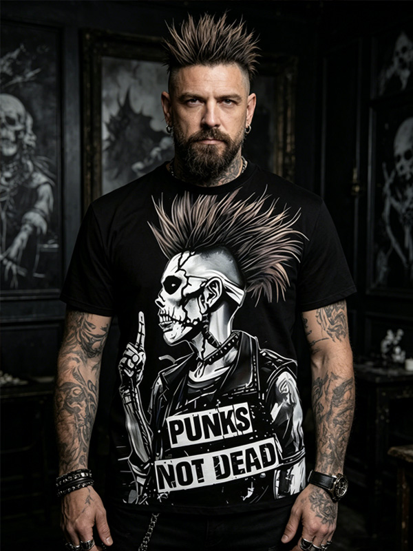 Men's Punk Skull Punks Not Dead Gothic Rock Graphic Art Print T-Shirt