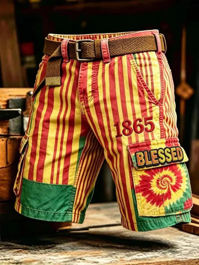 Men's Juneteenth 1865 Blessed Tie Dye Patchwork Striped Print Casual Shorts