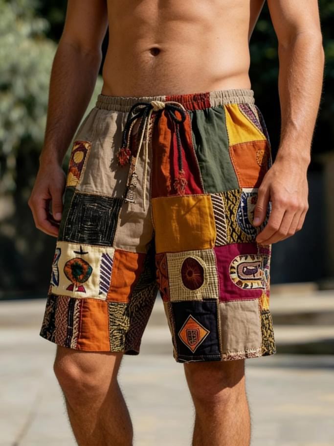 Men's Retro Ethnic Patterns Colorblock Art Print Casual Shorts