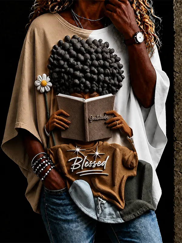 Women's Reading Girl with Afro and Daisy Print Casual T-Shirt