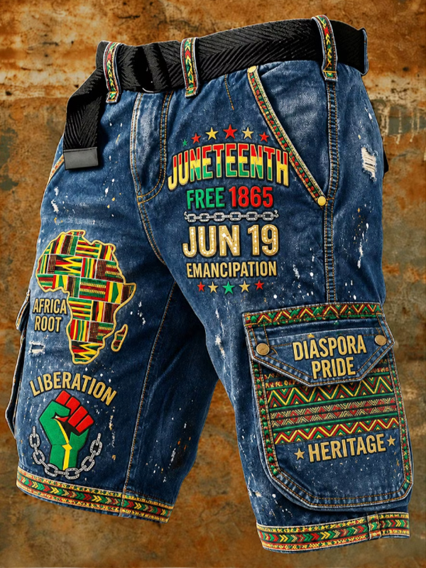 Men's Juneteenth Free Africa Root Graphic Print Cargo Shorts
