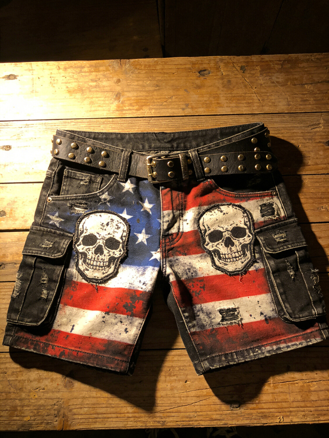 Men's USA Flag Skull Art Print Denim-Like Casual Shorts