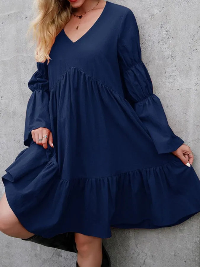 Women's Bohemian Loose Ruffle Long Sleeve Midi Dress