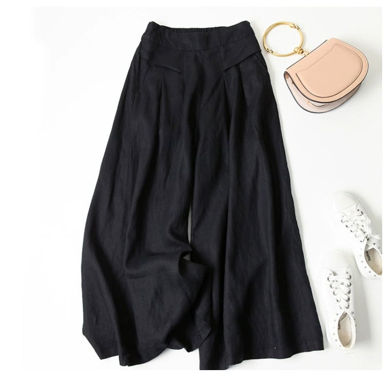 Women's Cotton Linen Culottes Pants Elastic Waist Wide Leg Palazzo Trousers Capri Pants with Pockets