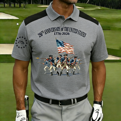 Men's 250th Anniversary US Revolutionary Soldier Polo Shirt | Patriotic Short Sleeve Golf Tee