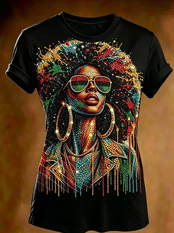 Women's Rhinestone Afro Black Woman Rasta Color Sparkle Art Print Casual T-Shirt