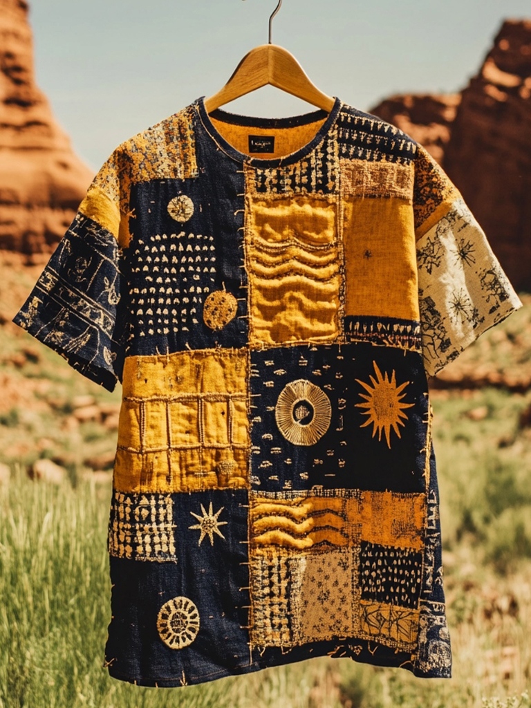 Men's Bohemian Geometric Sun Moon Patchwork Print Casual T-Shirt