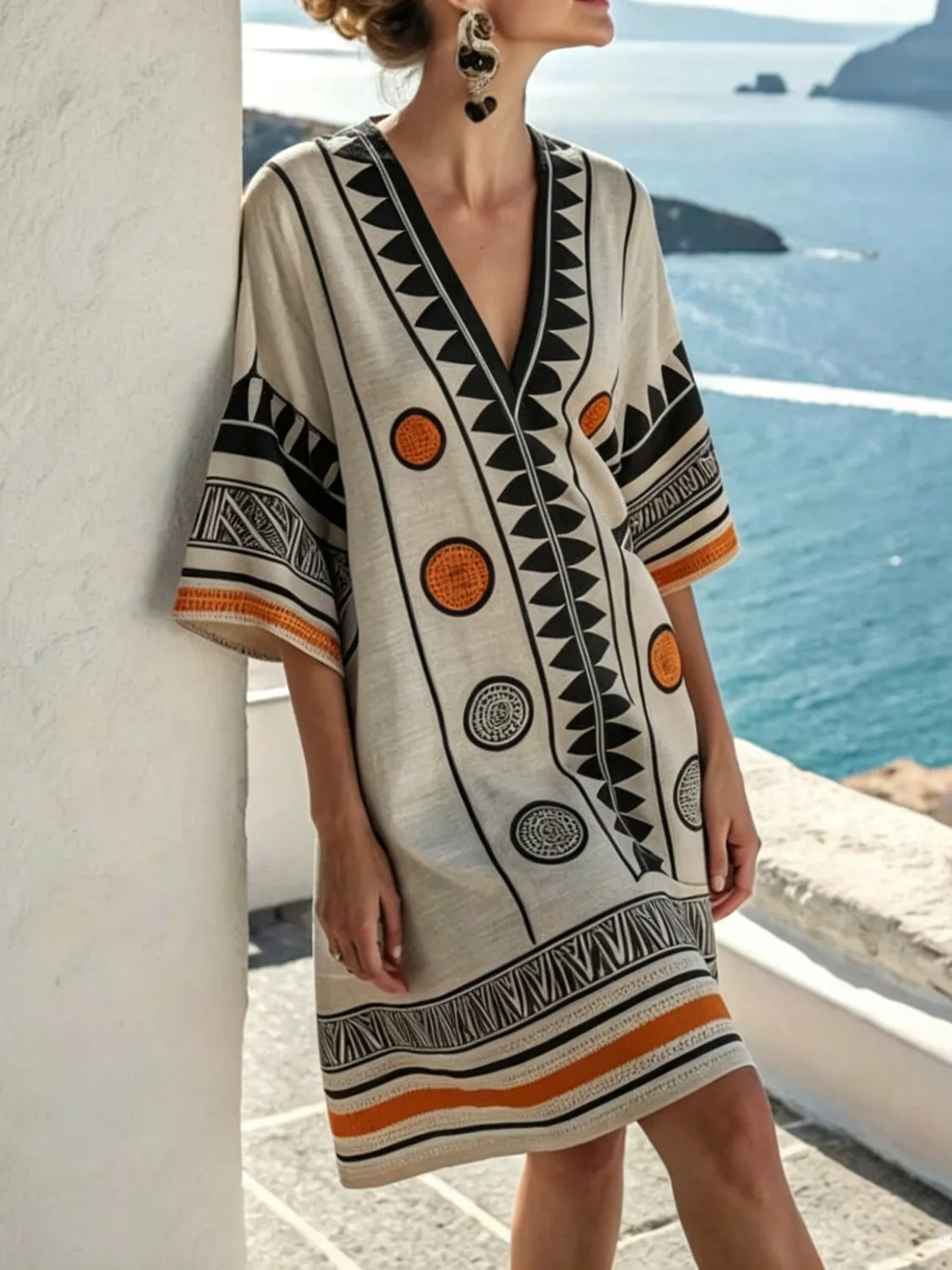 Women's Retro Ethnic Style Geometric Pattern V Neck Short Sleeve Midi Dress
