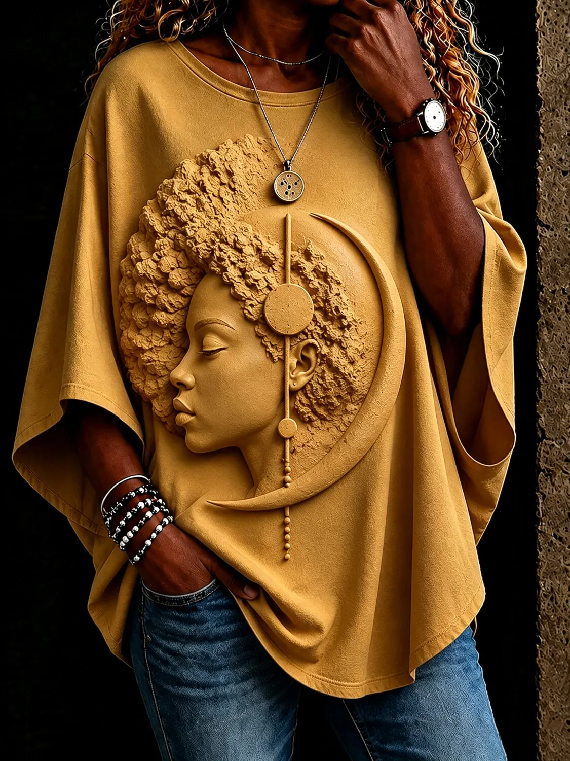 Women's Afro Hair Black Woman Crescent Moon Planet Art Print Casual T-Shirt