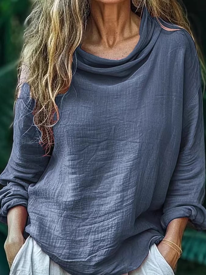 Ladies Pile Collar Pullover Pleated Long Sleeve Loose Casual Shirt