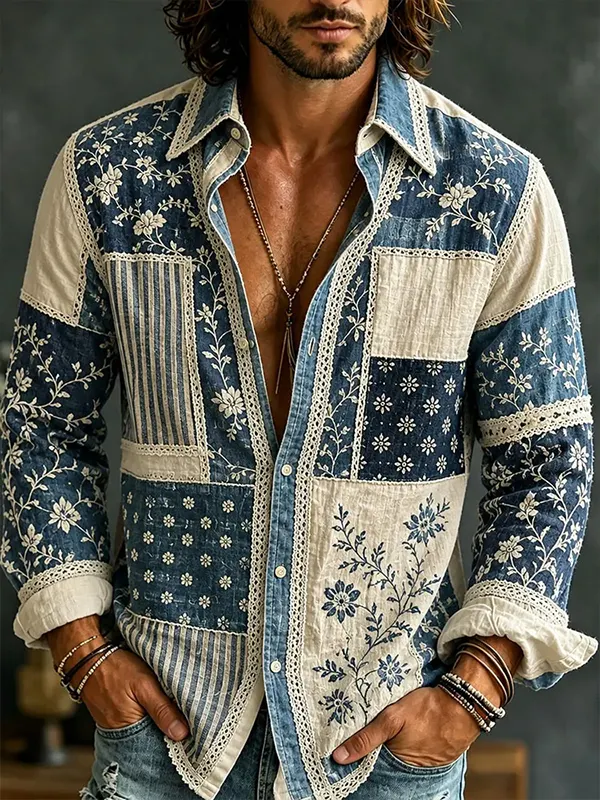 Men's Vintage Boho Flower Patchwork Art Print Long Sleeve Shirt