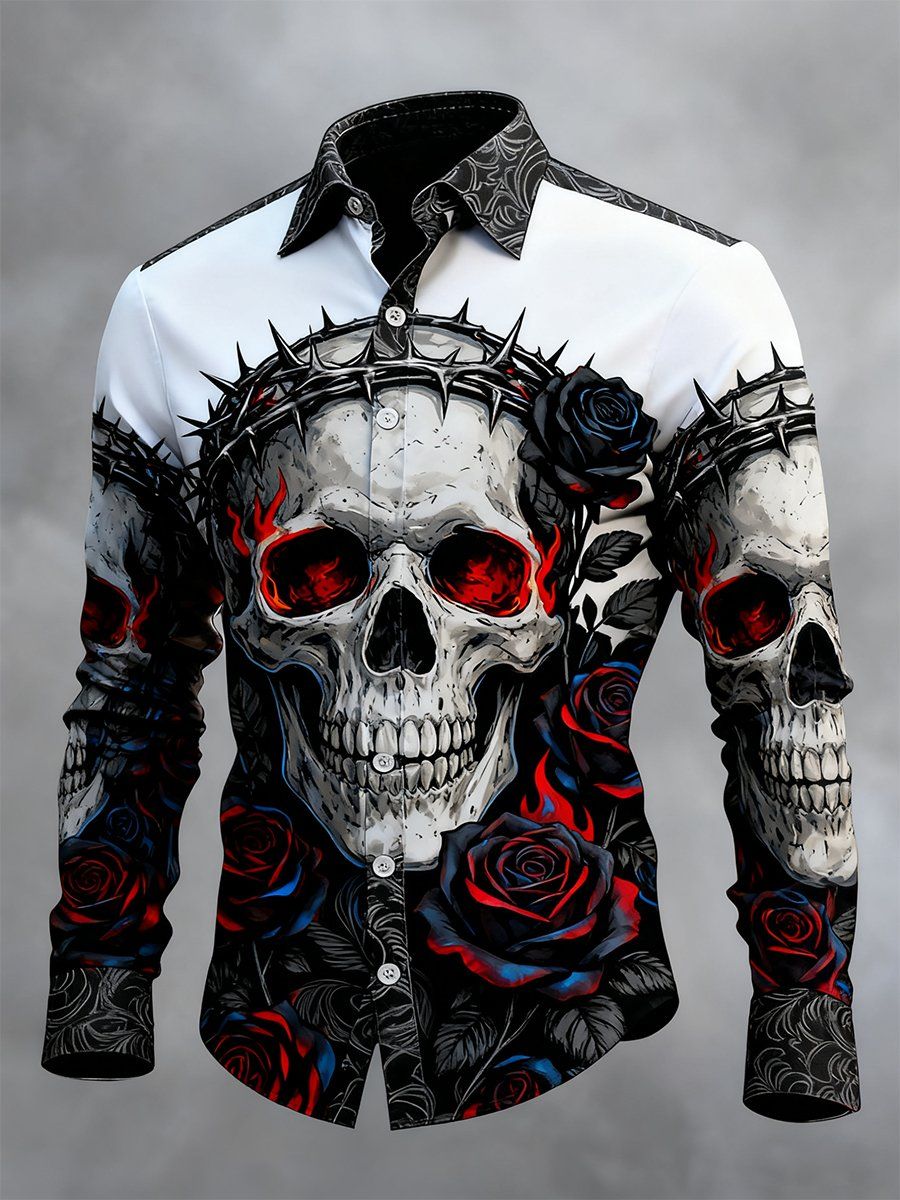 Men's Thorn Crown Skull And Black Rose Print Long Sleeve Shirt