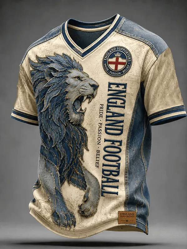 Men's England Lion Football Art Print V Neck T-Shirt