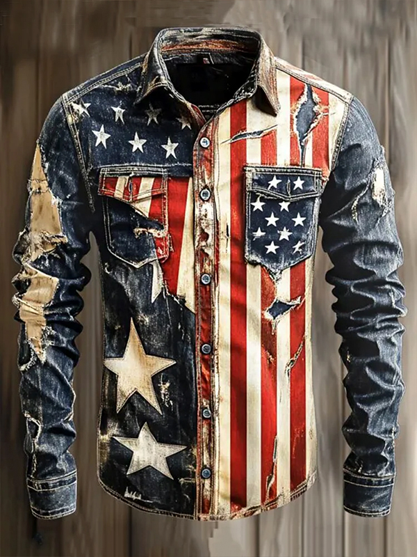 Men's Retro American Flag Print Denim-Like Long Sleeve Shirt