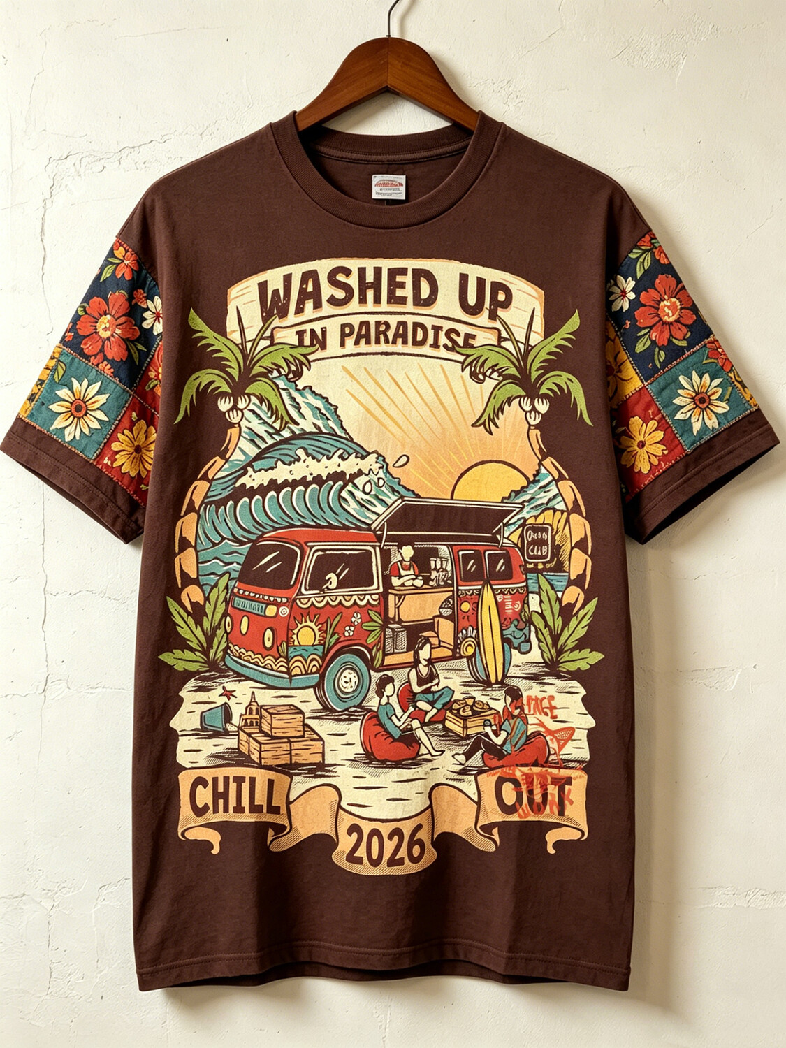 Men's Vintage Surf Bus Palm Sunset Art Print T-Shirt