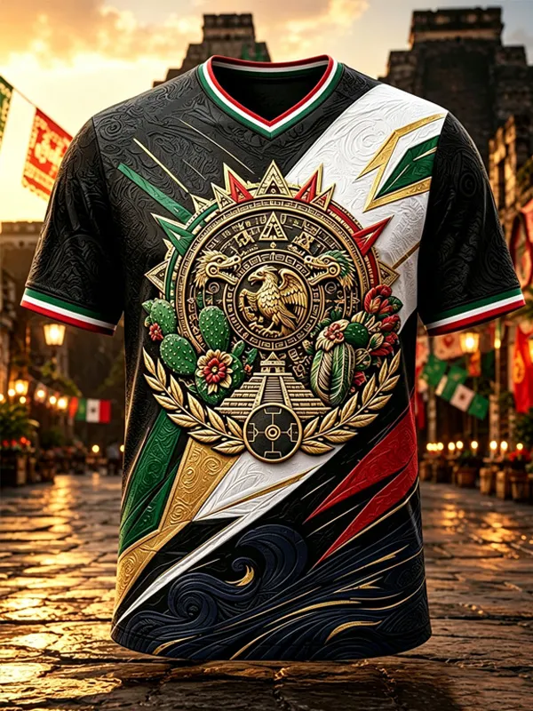 Men's Mexican Aztec Sun Calendar Mexican National Coat Print Casual V Neck T-Shirt