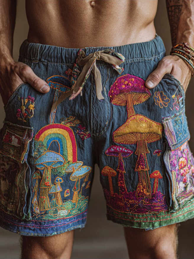 Men's Fun Mushroom Rainbow Art Print Drawstring Cargo Shorts