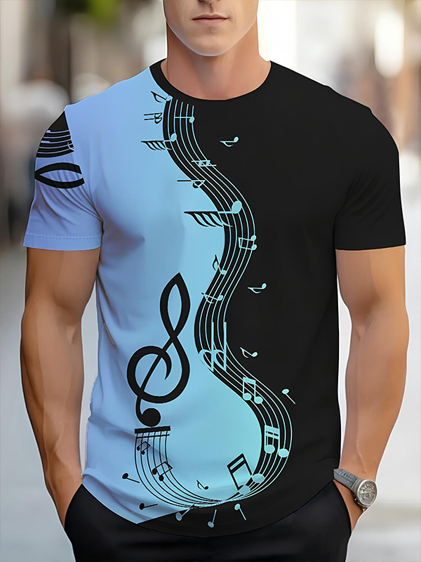 Men's Abstract Treble Clef Wave Print Color Block T-Shirt