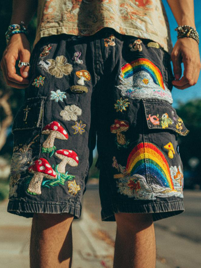 Men's Floral Mushroom Rainbow Patchwork Art Print Drawstring Waist Casual Shorts