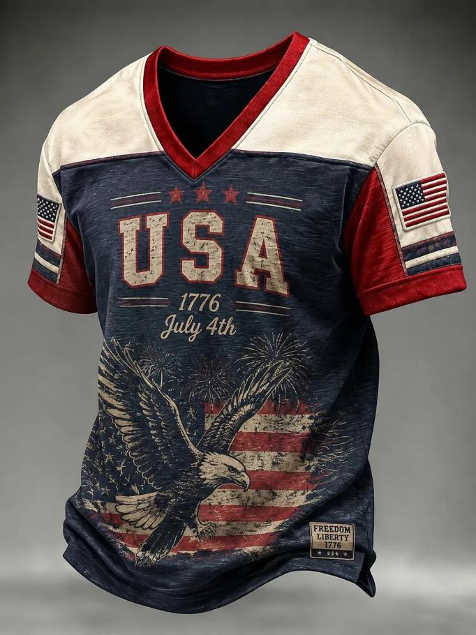 Men's USA Retro Eagle American Flag Geometric Patchwork Print Casual V Neck T-Shirt