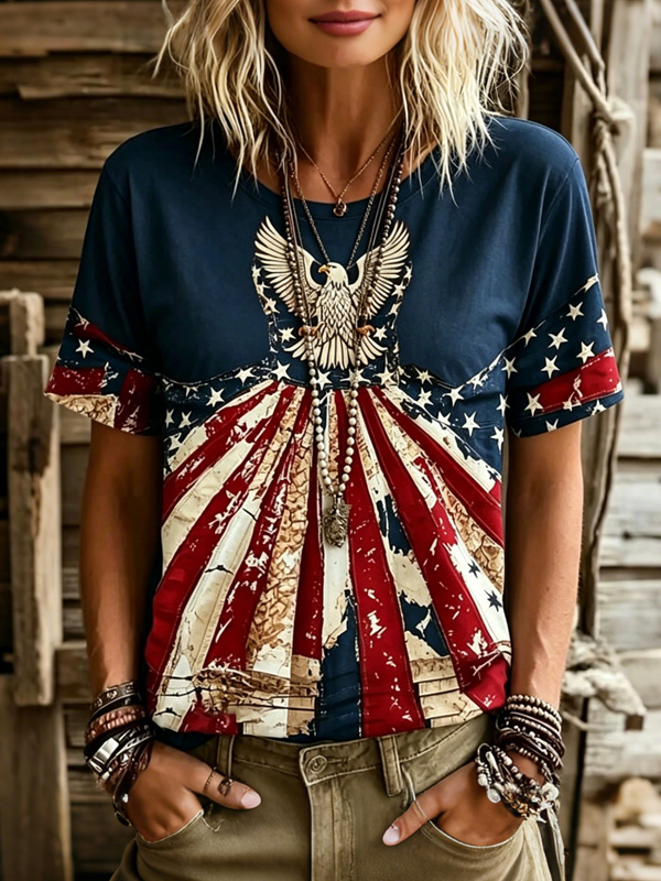 Women's Independence Day Stars Stripes Bald Eagle Print Casual T-Shirt