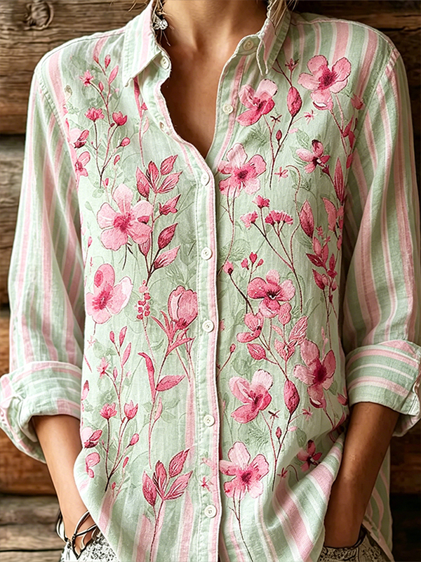 Women's Boho Floral Stripes Art Print Long Sleeve Shirt