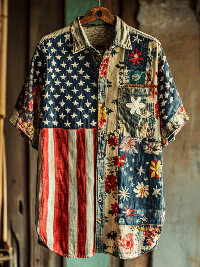 Women's Independence Day Floral Flag Printed Casual Short Sleeve Shirt