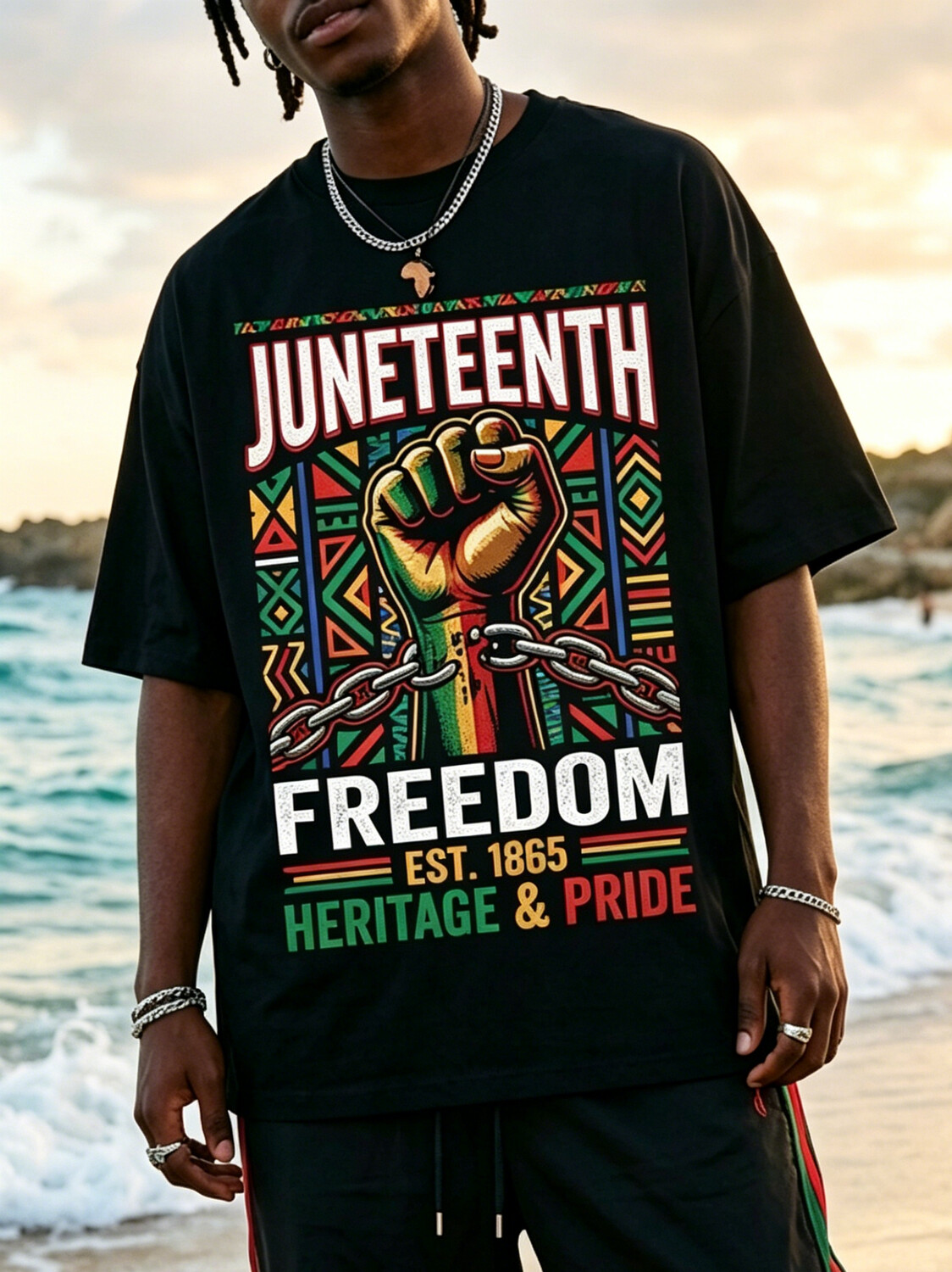 Men's Juneteenth Freedom Fist Heritage Pride Black History Print Cotton Casual T-Shirt