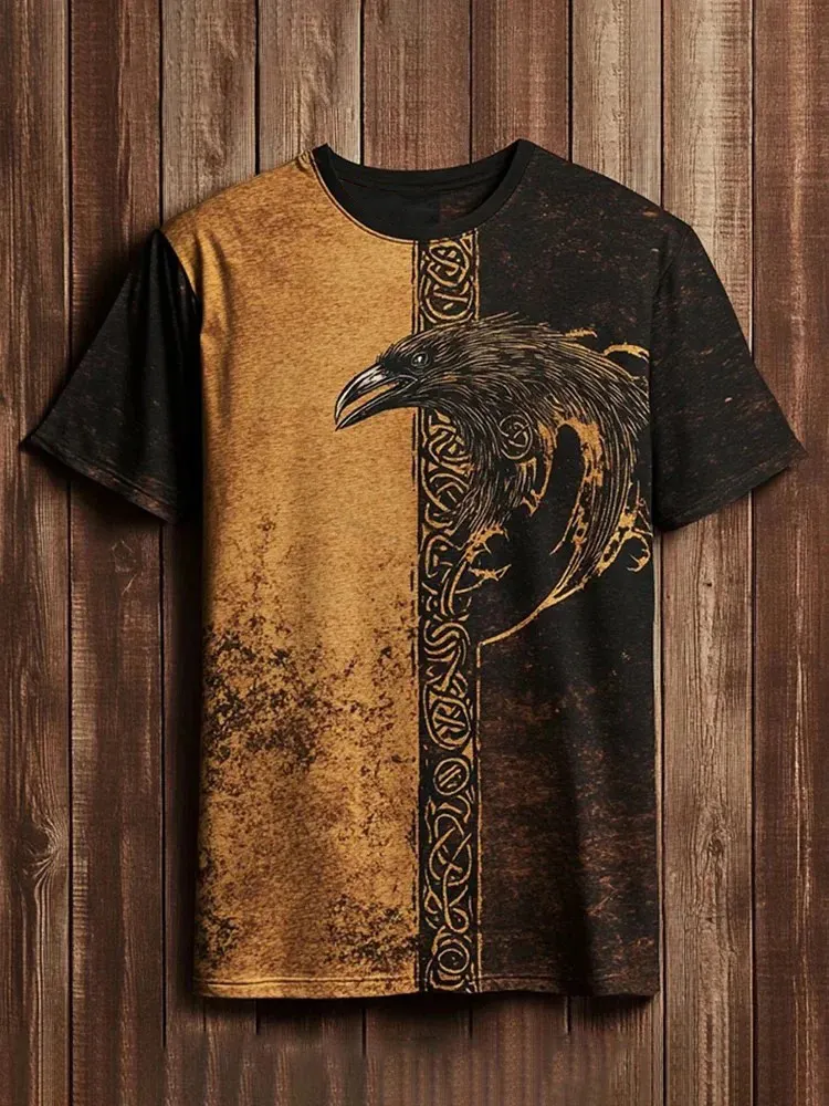 Men's Viking Raven Celtic Knot Split Color Distressed Print T-Shirt