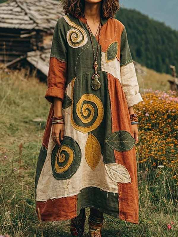 Women's Leaf Color Block Splicing Print Long Sleeve Maxi Dress