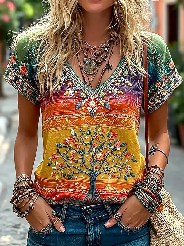 Women's Colorful Boho Tree Of Life Gradient Print Casual V Neck T-Shirt
