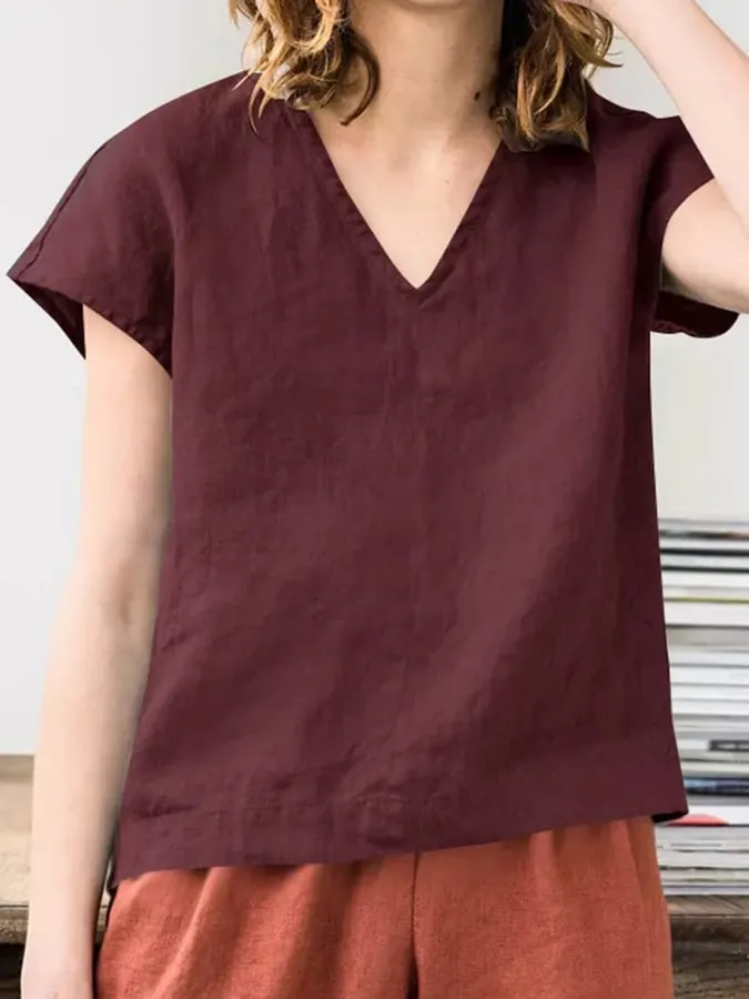 Women's Cotton Linen V-Neck Loose Simple Shirt