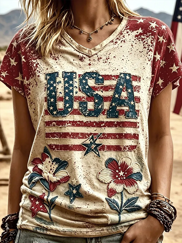 Women's Retro USA Floral Patchwork Art Print V Neck Short Sleeve T-Shirt