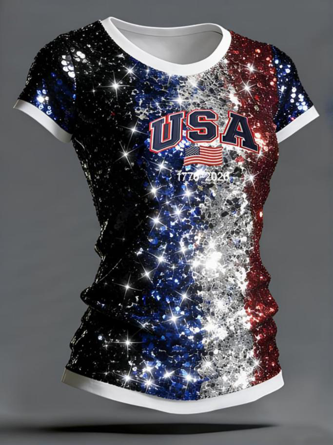 Women's Colorblock Sparkly Sequins USA Print Casual T-Shirt