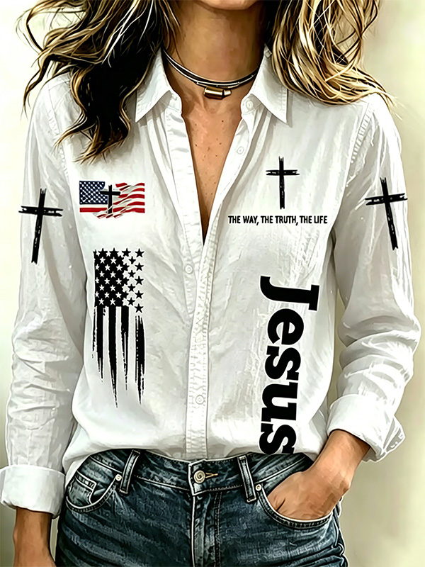 Women's Jesus And American Flag Cross The Way The Truth The Life Print Long Sleeve Shirt