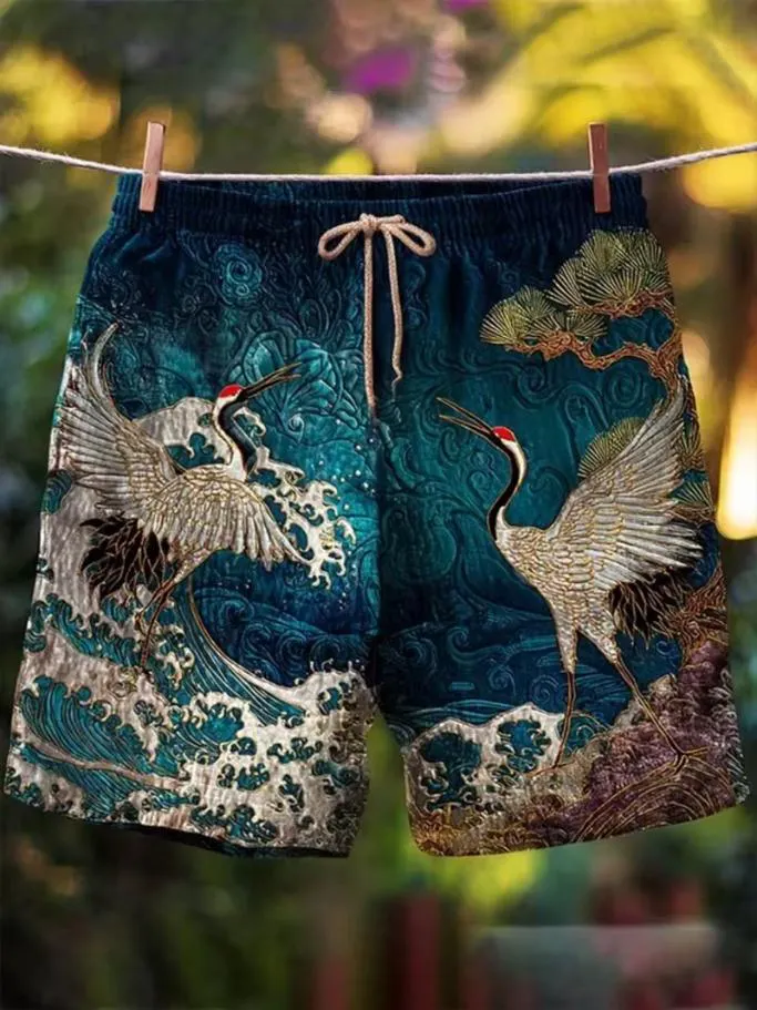 Men's Red-Crowned Crane Wave Pine Print Casual Shorts