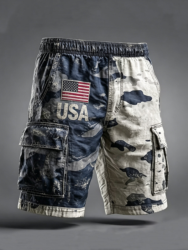 Men's Retro USA Flag Graphic Print Cargo Shorts