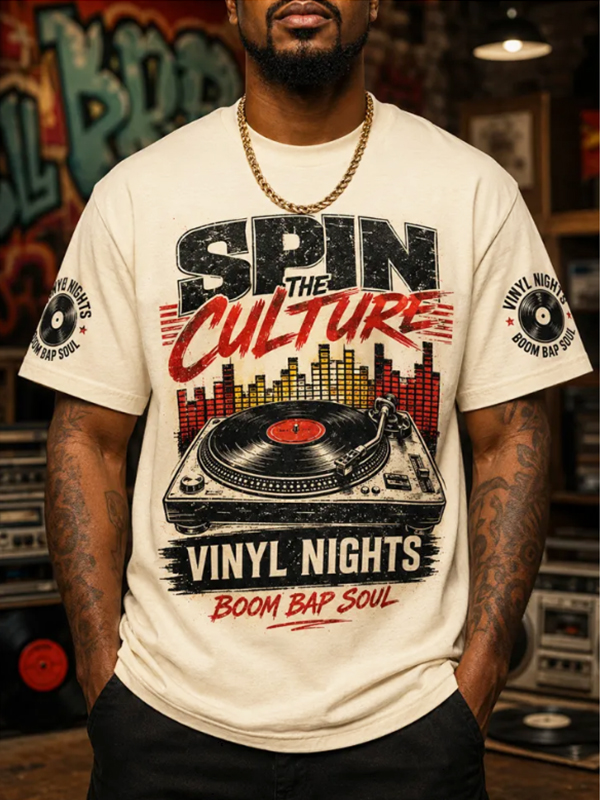 Men's Spin The Culture Vinyl Nights Boom Bap Soul Print T-Shirt