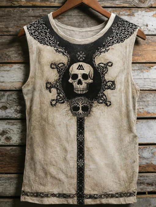 Men's Dark Art Viking Totem Skull Print Casual Tank Top