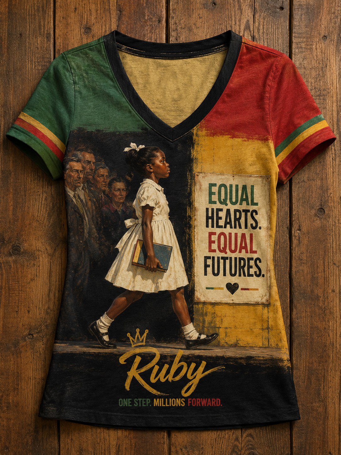 Women's Retro Black Girl Ruby Equal Hearts Equal Futures Print V Neck Short Sleeve T-Shirt