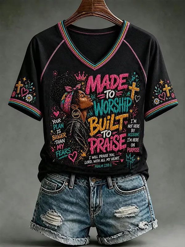 Women's MADE TO WORSHIP BUILT TO PRAISE Print Casual V Neck T-Shirt