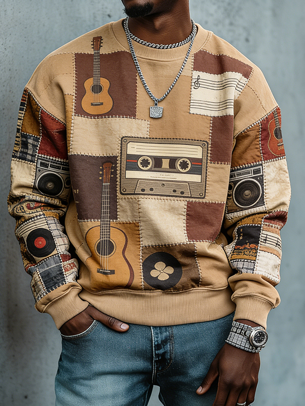 Men's Retro Musical Elements Guitar Cassette Tape Patchwork Printed Casual Sweatshirt