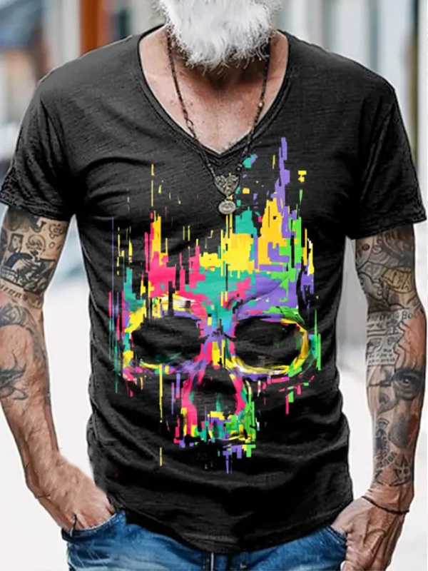 Men's Retro Hippie Skull Art Print V Neck T-Shirt