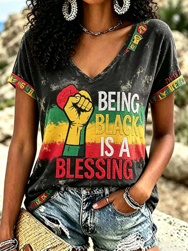 Women's Vintage Being Black Is A Blessing Art Print Casual V Neck T-Shirt